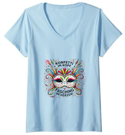 Damen Konfetti im Kopf, Fasching im Herzen Karneval T-Shirt mit V-Ausschnitt