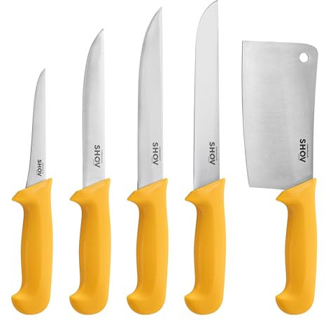 Shov Küchenmesser Set – Premiumqualität | Profi Küchenmesser | Kochmesser Set | Fleischmesser | Ausbeinmesser | Scharf & Robust | Für Profis & Hobbyköche (5, mit Beil)