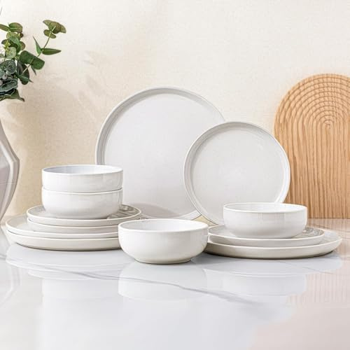 GBHOME Dinne Set for 4 People – 12 Piece Speckled Ceramic Plates and Bowls Sets Chip & Scratch-Resistant Modern Tableware | Dishwasher & Microwave Safe Dinerware