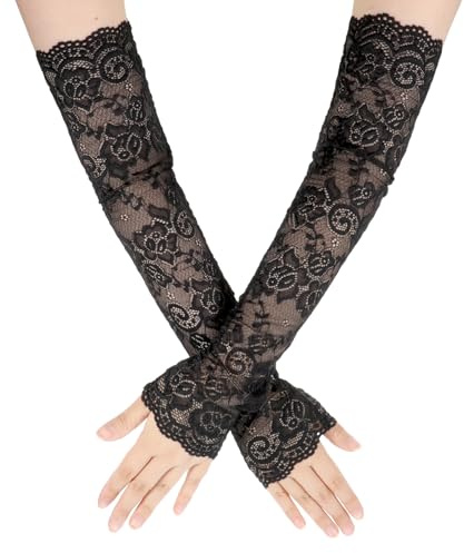 Fingerless Black Lace Gloves for Women Elbow Length Lace Arm Sleeves Elegant Long Floral Laces Fingerless Gloves for Dance Tea Party Christmas Cosplay 20s Accessories Evening Wedding Dinner Gift