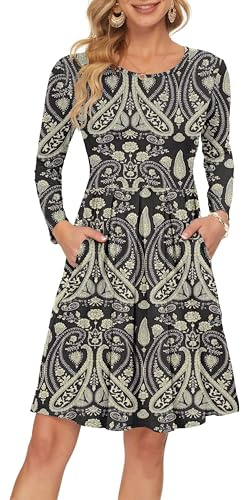 AUSELILY Women's Long Sleeve Dress Knee-Length Boho Floral Black XL