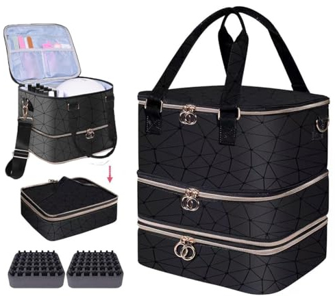 Nail Polish Organizer Case,3 Layer Nail Lamp Storage Bag Holds 84 Bottles (15ml/0.5 fl.oz) Nail Bag &Nail Lamp,Nail Polish Carrying Case Nail Kit Supplies Organizer Bag - Black