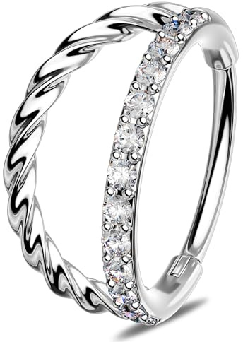 OUFER 20G Doppel-Nasenring 316L Edelstahl Twist Scharnier Segment Ohrring Hoop Transparent CZ 8mm Helix Conch Lobe Daith Piercing Schmuck für Damen