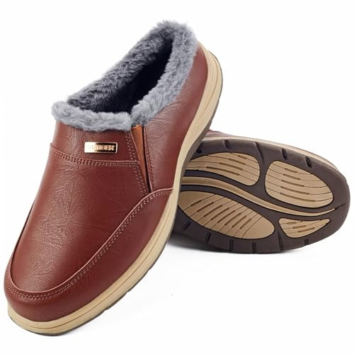 BUGUKI Mens Leather Slippers with Plush Lining, Slip On Mules & Clogs Winter Warm Indoor Outdoor House Shoes with Non-slip Rubber Sole, Dark Brown 42