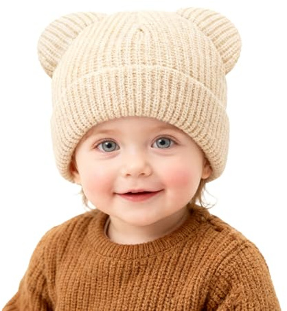 AYPOW Bébé Filles Garcons Bonnet avec Mignon Ours Oreilles pour 0-36 Mois,Enfant Doux Chaud Coupe-Vent Tricoté Hiver Chapeau, Élastique Cache-Oreilles Casquettes pour Activités en Plein Air