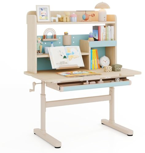 DREAMADE Kinderschreibtisch mit ergonomischer Tischplatte 100 x 60 cm, höhenverstellbarer Schreibtisch mit ausziehbarer Lesepult & Ablagefächern, Schülerschreibtisch für Kinder ab 3 Jaren (Blau)