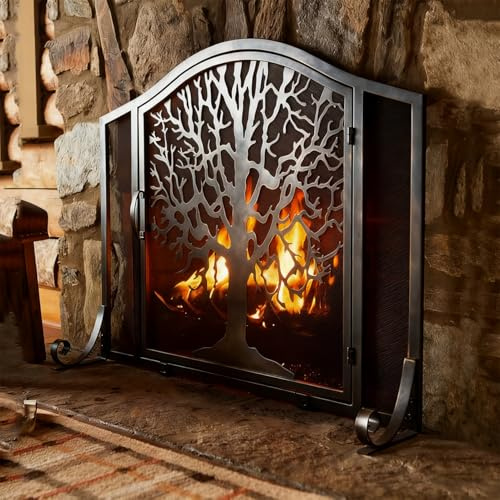 Tree Shaped Fireplace Screen, Black Wrought Iron Stove Fire Guard with 2 Door, Handcrafted Spark Mesh Fender Grate for Living Room