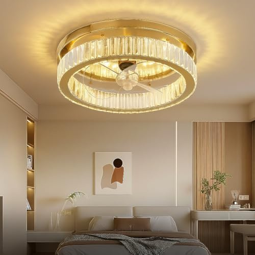 RHEAFON Quite Ceiling Fans with Lights and Remote Smart Ceiling Fan Dimmable LED Bladeless Modern Crystal Ceiling Fan for Bedroom Living Room Dining Room Fan Reversible and 6 Speeds (Gold)