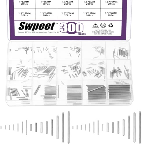 Swpeet 300Pcs 15Sizes M1 M1.5 304 Stainless Steel Dowel Pin Assortment Kit, Cylindrical Shelf Support Peg Pin Rod Fasten Elements for Maintenance and Connection (with A Storage Box )
