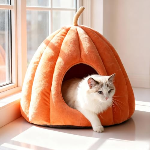 Kattbädd för inomhuskatter, söt pumpa-stil kattgrotta sänghus katttält med avtagbar kudde, mjuk fluffig fuskpäls kattkudde hundbädd för små, medelstora hundar och katter