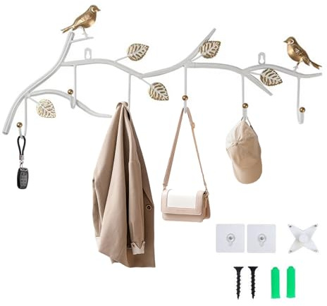 Vintage Wandhaken, 27,5 Dekorative Wandhaken mit Vogel- und Ast-Design, Metallbügel für Eingangsbereich, Badezimmer, Schlafzimmer, Büro (White)