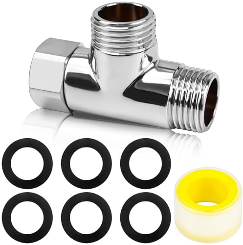 NISENTIA 3 Way T Shape Adapter G1/2 Shower Diverter Valve, Brass T Adapter Universal Anti Rust Shower Diverter Valve Hose Connectors with 6 Sealing Washers Sealing Tape for Faucet Bidet Sprayer