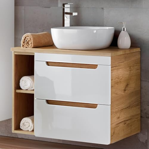 Lomadox Badmöbel Waschtisch Unterschrank Set 80 cm Hochglanz weiß Wotan Eiche Nb., 2 Softclose Schubkästen, Regal, 41 cm Keramik-Waschbecken