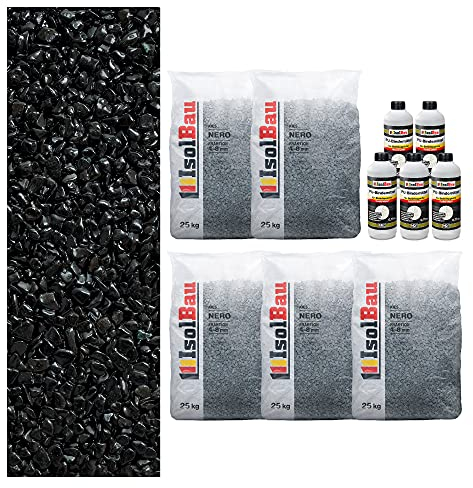 Isolbau Steinteppich SET Marmorkies 125kg + Bindemittel bis 12,5m² Nero 4/8mm Epoxidharz, Terassenboden, Natursteinboden Marmorkies Bodenbelag Steinboden Bodenbeschichtung Marmorstein, Innen Außen