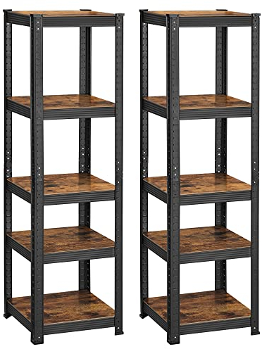 SONGMICS Juego de 2, Estantería de 5 Niveles, 37 x 37 x 150 cm, Carga de 400 kg, Estantes Ajustables, Estilo Natural, para Cocina, Salón, Marrón Rústico y Negro GLR037B02