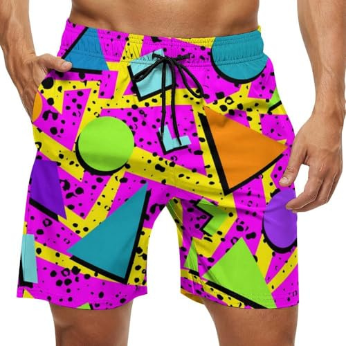 htrewtregregre Retro 80s 90s Geometric Men Swim Trunks Quick Dry with Lining and Pockets Beach Shorts