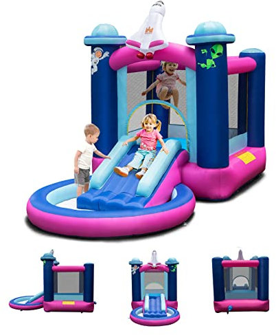 GOPLUS Château Gonflable Astre Vaisseau Spatial, Aire de Jeux Aquatique Gonflable avec Zone de Saut, Toboggan Piscine pour 3 Enfants de 3 à 10 Ans, Jusqu’à 135KG (sans Souffleur)