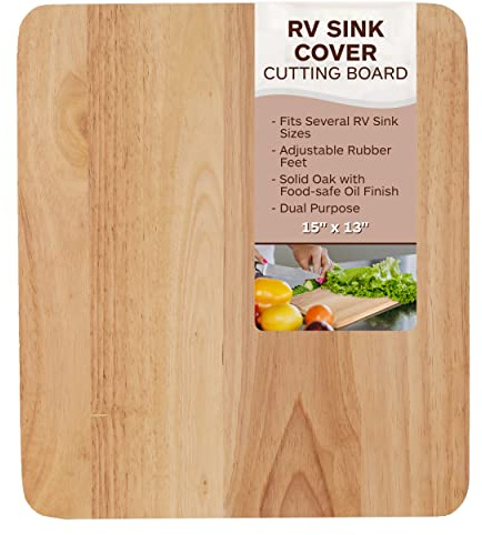 TonGass 15 x 13 x 3/4 RV Sink Cover with Adjustable Rubber Feet - Camping Cutting Board - Solid Oak with Food Grade Oil Finish - Dual Purpose Sink Cover