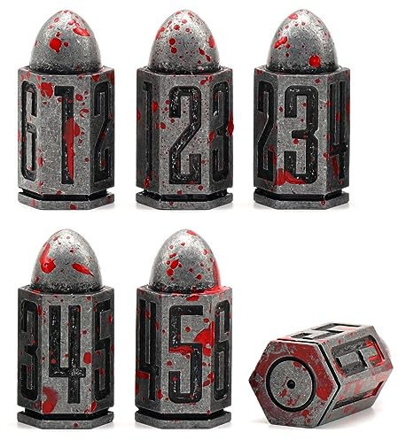 Bullet Metall Würfel Set, D6 DND Würfel 6pcs, ZHOORQI Blutfleck Polyedrische Würfel für D and D Dungeons and Dragons Zubehör Geschenk(Bullet - Altsilber)