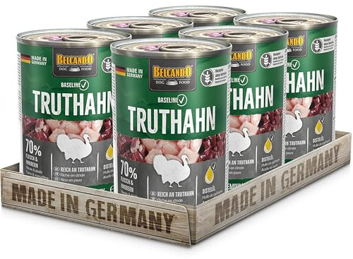 BELCANDO Baseline Nassfutter für Hunde, Truthahn, 6X 400g Dose, 70% Fleisch für ausgewachsene Hunde, Hundefutter nass ohne Getreide, Made in Germany