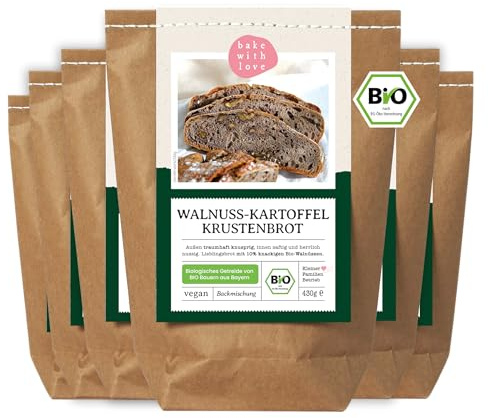 Bio Brotbackmischung Walnussbrot - Kartoffelbrot mit Weizen, Roggen & Walnüssen - Brotbackmischung für Brotbackautomat & Ofen - Brot selber backen - Bake with Love - 6er Pack