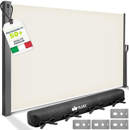 tillvex® Seitenmarkise 160 x 400 cm ausziehbar & Blickdicht mit Regencover | Sichtschutz Balkon, Garten & Terrasse | Seitenrollo mit Wandhalterung | Sonnenschutz Markise aus rostfreiem Stahl