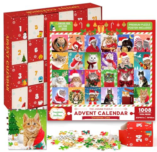 Advent Calendar 2025 - Christmas Cat Jigsaw Puzzles 1008 Pieces Advent Jigsaw for Kids and Adults, 24 Boxes Christmas Countdown Calendar Christmas Puzzle Gift for Him Her