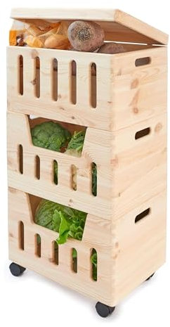 Pinus - Gemüseregal 39x30x74 cm, Regal zur Aufbewahrung von Obst und Gemüse, Stapel Kartoffelkiste, Kisten auf Rädern, Universeller Einsatz, Natural farbe, Kiefernholz