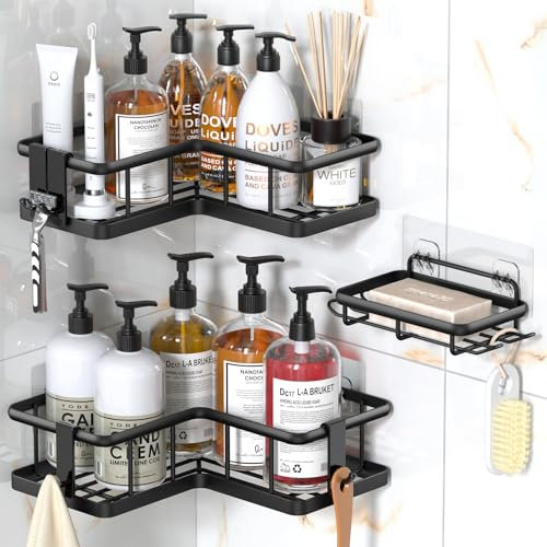 YASONIC Duschablage Ecke ohne Bohren Badezimmer Organizer, verdicktes Duschregal Ecke ohne Bohren mit großer Kapazität, Shampoo Halterung für Dusche mit 4 abnehmbaren Haken, Badregal 3 Stück, Schwarz