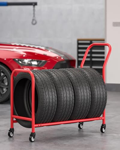 Blazea Étagère à Pneus Support à Pneus Roulant, Remorque de Stockage de Pneus de Garage en Métal, Support de Transport de Roue de Secours, Chariot à Étagères de Stockage de Pneus Mobile