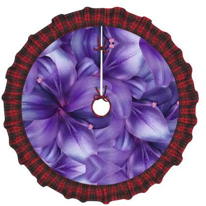 Lila Lilien-Blumen-Druck, flachsähnlicher Weihnachtsbaumrock mit Pompom-Bordüre, rustikaler Charme für Bauernhaus-Dekoration
