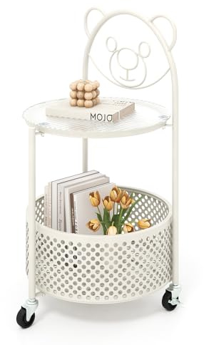COSTWAY Beistelltisch Glas mit Rollen, 2-stufiger Glastisch rund mit Bärenmuster, Nachttisch mit Ablagekorb, Couchtisch Kaffeetisch modern für Wohnzimmer, Schlafzimmer, 40 x 36,5 x 71 cm (Weiß)