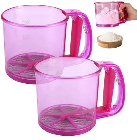 Mafagwre 2Pcs Flour Sifter - Plastic Hand Held Flour Sifter with Scale, Flour Shaker Cup with Hand Press Design, Large Capacity Baking Sieve Cup for Icing Sugar Cake Flour (Purple)