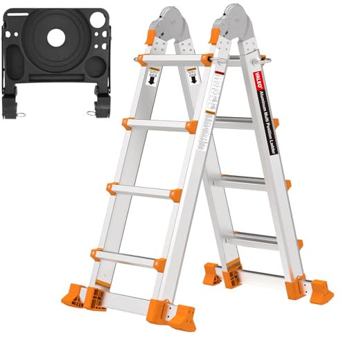 Valeo Ladder 14FT, Multi Position 4 Step Ladder Extension, Anti-Slip A Frame Folding Ladder with Removable Tool Tray, 330lbs Adjustable Telescopic Aluminum Ladders for Stairs Home Indoor Outdoor Roof