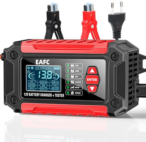 EAFC Tester Batteria Auto, 12V 6A Tester per Batterie, del Caricatore e LiFePO4 Strumento Diagnostico della Batteria per Auto Moto Barche SUV e Camion