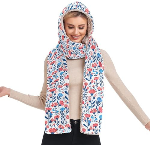 GAIREG Kapuzenschal, warme Mütze und Schal, Taschenschal für Damen, Blaues und rotes Blumenmuster, Einheitsgröße