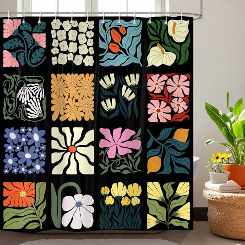 Emwnodti Retro Abstract Boho Shower Curtain for Bathroom, Black Floral Plant Patchwork Bathroom Decoration Set, Polyester Fabric Waterproof Bath Curtain 72x72 Inch with 12 Hooks