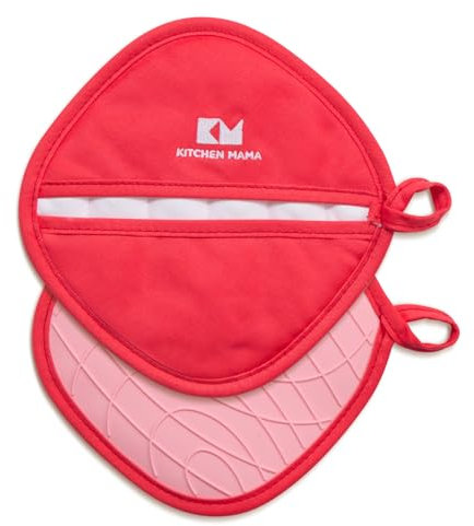 Kitchen Mama 2PCS Silicone Pot Holders - Heat-Resistant, Dual-Pocket Design with Soft Cotton Lining, Stylish, and Practical for Everyday Use Hot Oven, Bowl, Trivets for Hot Pans, Oven Gloves (Red)