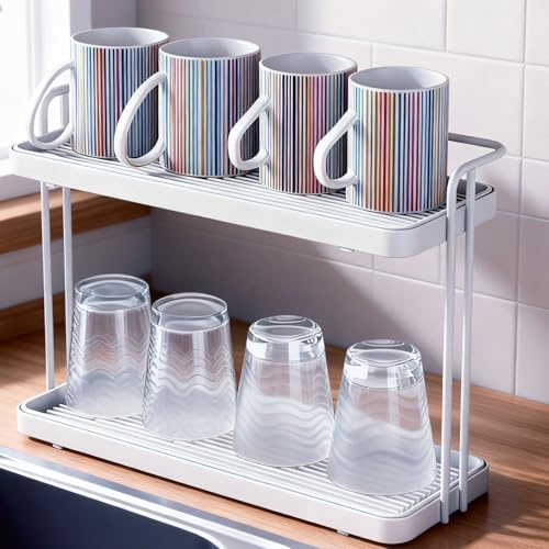 Qivine 2 Strati Scolabottiglie, Rimovibile Scola Borracce con Vassoio di Raccolta, Risparmio di Spazio Asciuga Scola Bottiglie per Bottiglie, Calici da Vino, Bicchieri e Tazze 29*11*21cm (Stile B)