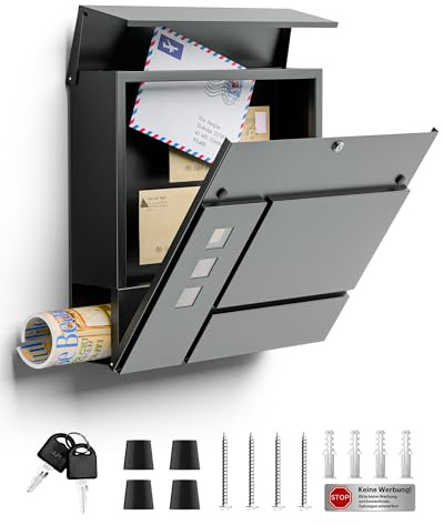 Boîte aux Lettres avec Compartiment à journaux en Anthracite, Montage Mural en Acier Inoxydable - 2 clés - Résistant aux intempéries - Matériel de Montage Inclus