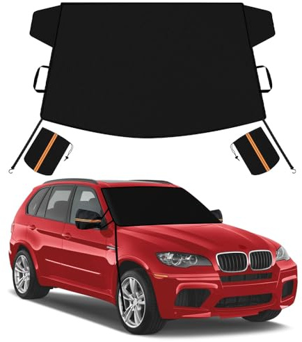 METOWARE 600D Windshield Cover - Heavy Duty All-Weather Sun Shade & Snow Frost Guard, UV Protector, Waterproof Windshield Protector with Mirror Covers for Cars, Sedans, Compact SUVs (69x42)