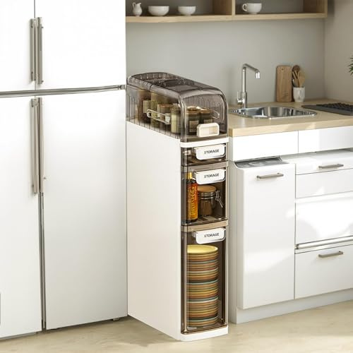 PortoAlegre 4 Tier Badezimmerschrank Schmal Wasserdicht Kunststoff Badschrank Mit Rädern Schubladen Und Toilettenpapierhalter Slim Beistellschrank Für Bad, Wohnzimmer, Küche, 18x41x78Cm