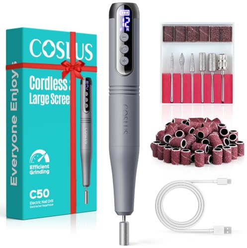 COSLUS C50 Nagelfräser Kabellose Elektrische Nagelfeile mit LED-Display | 12-stufiger Nagelfräser für Gelnägel, Acryl-Gel-Dip-Pulver-Entfernung, Nageldesign-Übung, Heim-DIY & Reisenutzung,Dunkelgrau