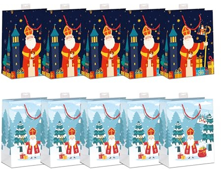 Geschenktüten Nikolaus DIN A5 | Stabiler Boden, Randverstärkung & Karte | 18x23x10cm | FSC®-zertifiziertes Papier (150 g/m²) | Geschenktaschen Nikolaus, Nikolaustauschen | 10 Stück