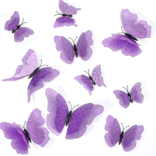 3D Butterfly Wall Decor, Purple Butterfly Decorations with Gold Powder, 3 Sizes Double Layer Butterflies Wall Stickers for Home Party Nursery Bedroom Classroom Locker Decor Refrigerator Decal, 24 PCS