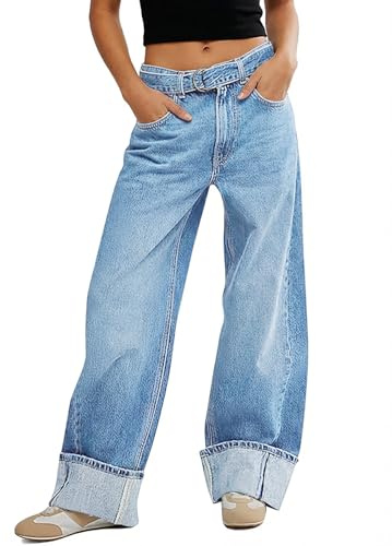 Tankaneo Womens Wide Leg Cuffed Jeans Trendy High Waisted Baggy Boyfriend Casual Denim Pants with Belted Light Blue