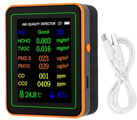 Detector de Calidad del Aire índice CO2 TVOC HCHO PM2.5 PM10 probador de Temperatura y Humedad Pantalla a Color para detección en Interiores (Negro Naranja)