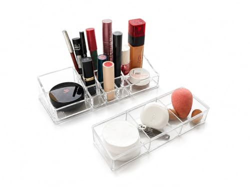 Set de 2 Organizadores de Maquillaje Transparentes de Metacrilato | Organizador Cosméticos con 9 Compartimentos para Pintalabios +Organizador de 3 Compartimentos | para Tocador, Baño y Skincare