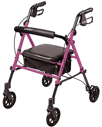 Carex Step 'N Rest Aluminum Rolling Walker For Seniors, Pink - Rollator Walker With Seat - With Back Support, 6 Inch Wheels, 250lbs Support, Lightweight