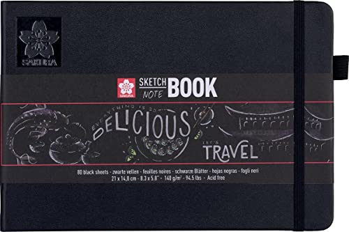 Sakura Skizzenbuch Schwarz | 21 x 14.8 cm, 140 g, 80 Blatt Schwarz | Hardcover Skizzenbuch für Bleistift, Pastell, Tinte, Gouache